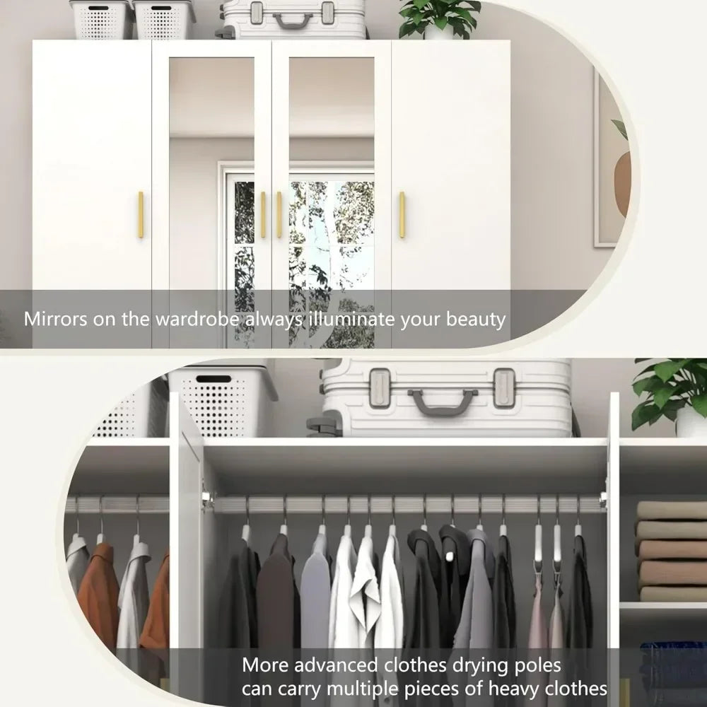 4 Door wooden Armoire LED Wardrobe Closet with Mirror