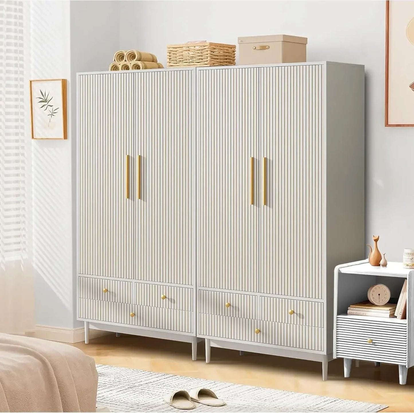 Wooden Wardrobe Armoire Closet with 2 Fluted Doors with Hanging Rod and Shelf Storage
