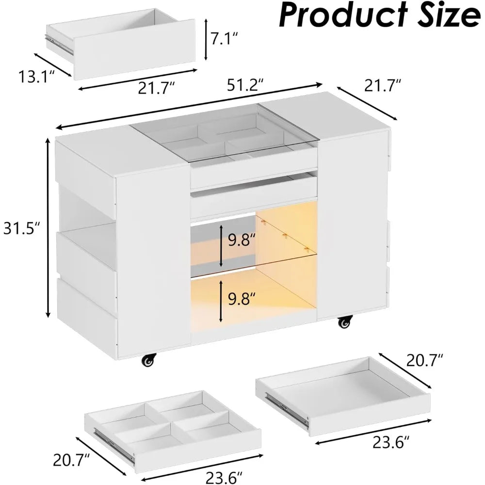 Bedroom Island Storage with Glass Tabletop and LED Lights