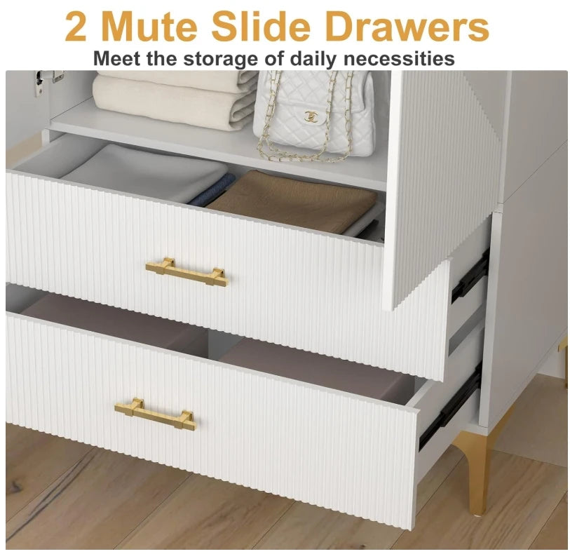 White Wardrobe Armoires with Hanging Rod Closet Storage & Metal Legs