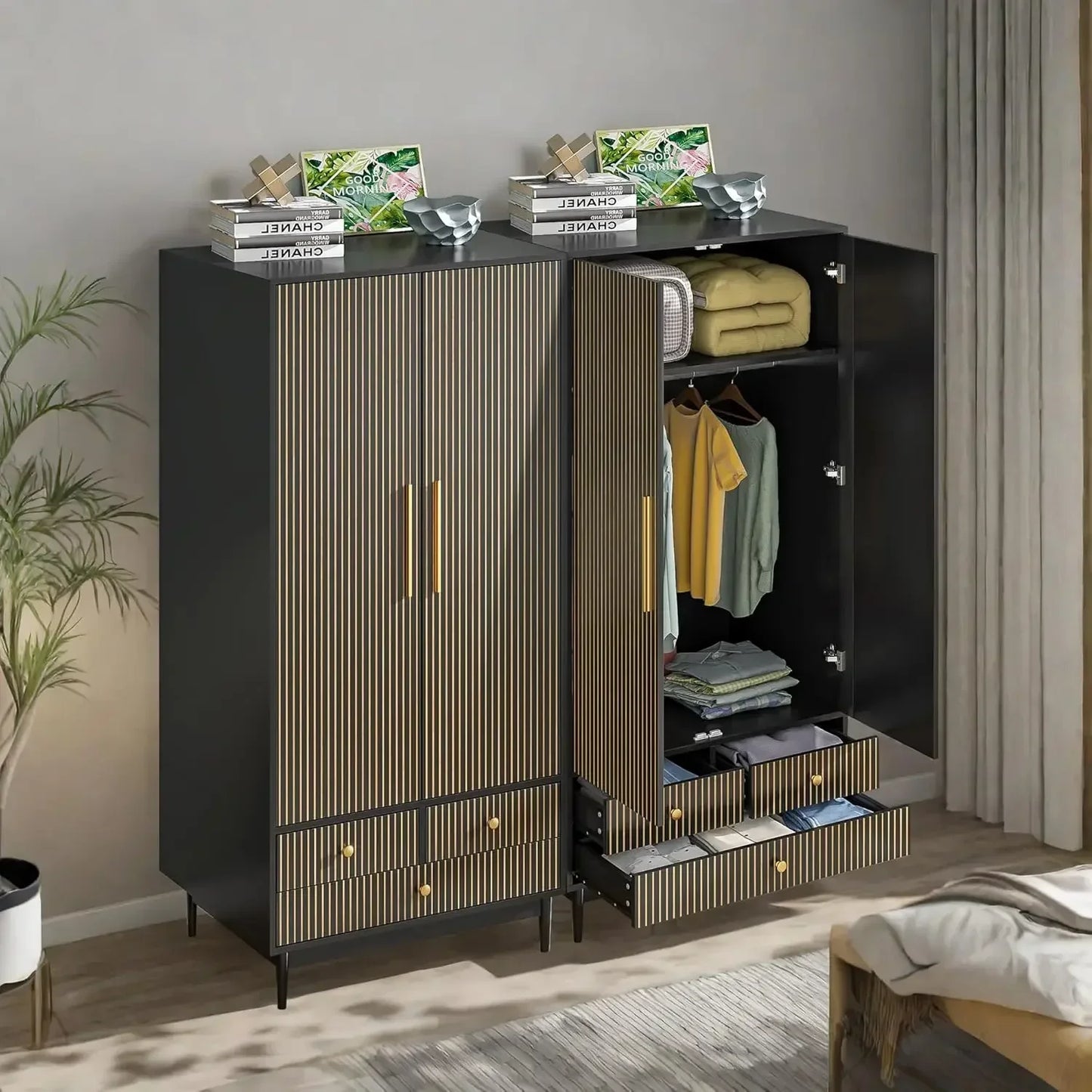 Wooden Wardrobe Armoire Closet with 2 Fluted Doors with Hanging Rod and Shelf Storage