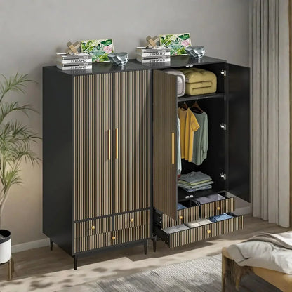 Wooden Wardrobe Armoire Closet with 2 Fluted Doors with Hanging Rod and Shelf Storage