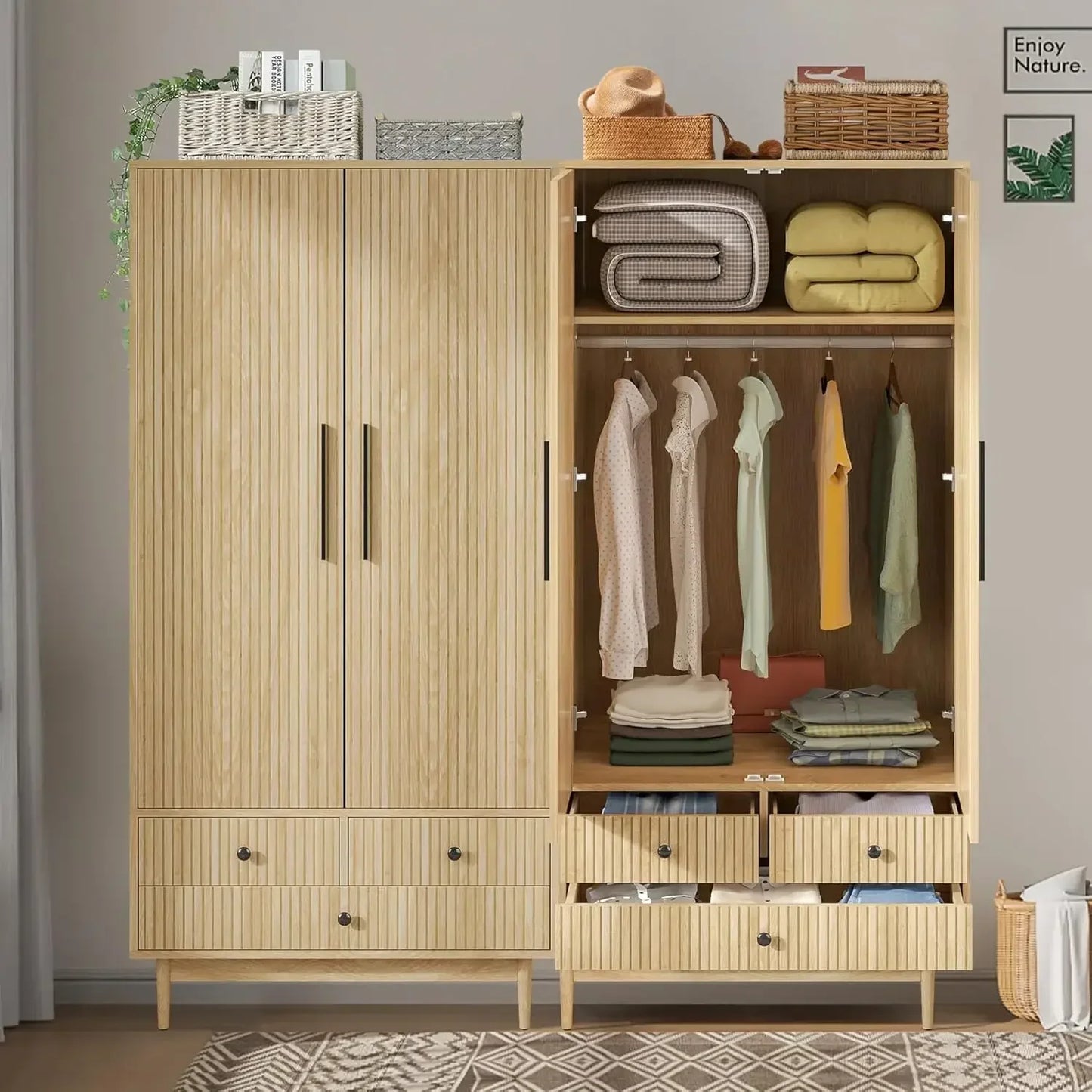 Wooden Wardrobe Armoire Closet with 2 Fluted Doors with Hanging Rod and Shelf Storage