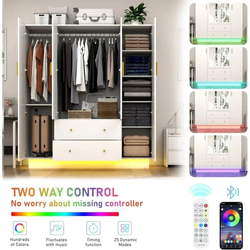 4 Door wooden Armoire LED Wardrobe Closet with Mirror