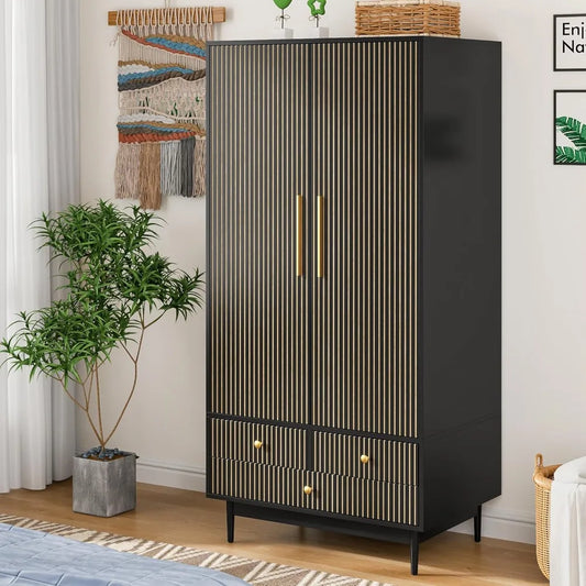 Wooden Wardrobe Armoire Closet with 2 Fluted Doors with Hanging Rod and Shelf Storage