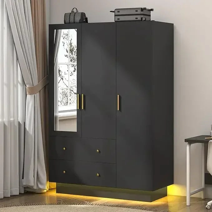 4 Door wooden Armoire LED Wardrobe Closet with Mirror
