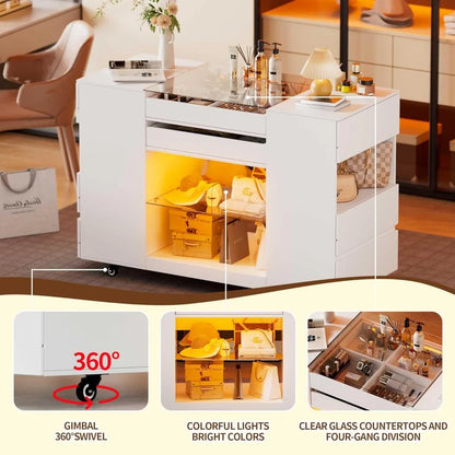 Bedroom Island Storage with Glass Tabletop and LED Lights
