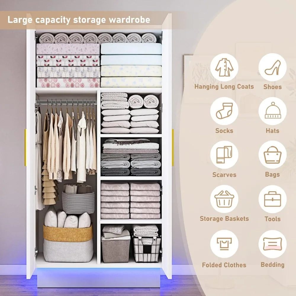 2 Door LED Armoires Wardrobe Closet and Clothes Organizer