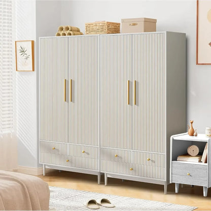 Wooden Wardrobe Armoire Closet with 2 Fluted Doors with Hanging Rod and Shelf Storage
