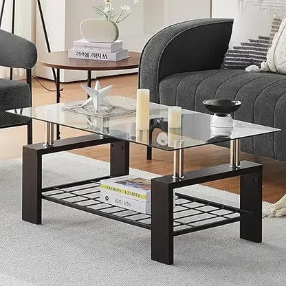 Tempered Glass Coffee Table w/Lower Shelf