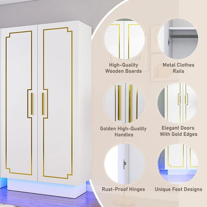 2 Door LED Armoires Wardrobe Closet and Clothes Organizer