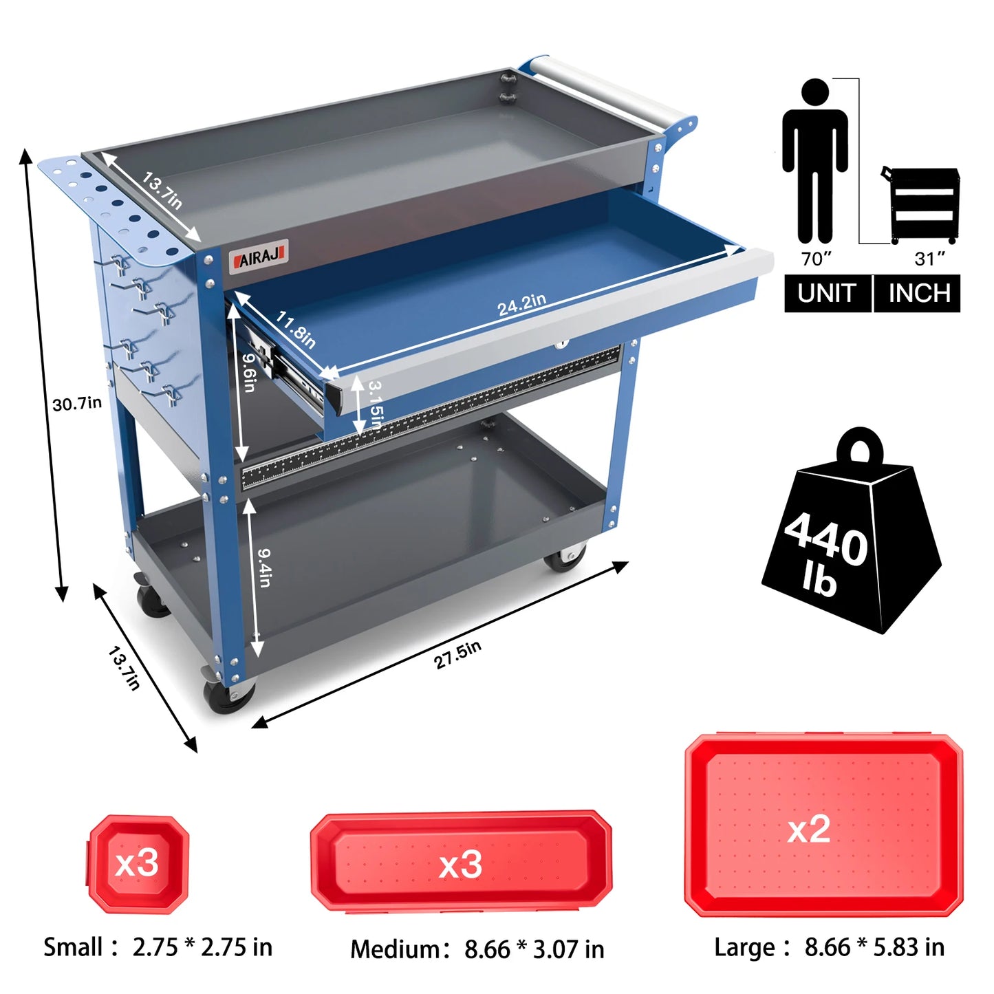 3 Tier Rolling Tool Cart