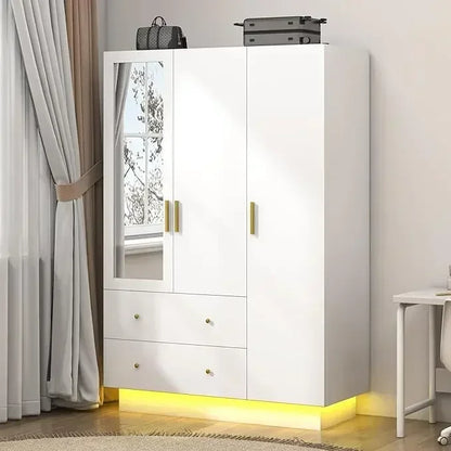 4 Door wooden Armoire LED Wardrobe Closet with Mirror