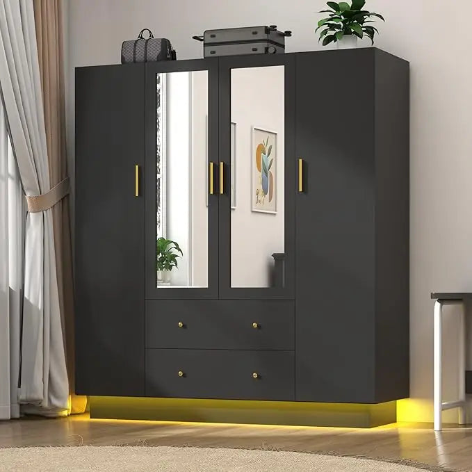 4 Door wooden Armoire LED Wardrobe Closet with Mirror