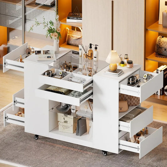 Bedroom Island Storage with Glass Tabletop and LED Lights