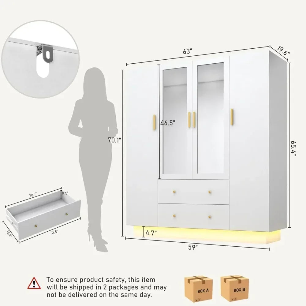 4 Door wooden Armoire LED Wardrobe Closet with Mirror