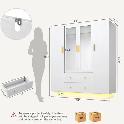 4 Door wooden Armoire LED Wardrobe Closet with Mirror