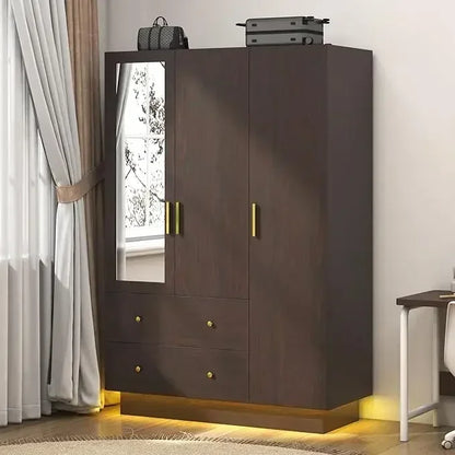 4 Door wooden Armoire LED Wardrobe Closet with Mirror