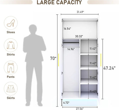 2 Door LED Armoires Wardrobe Closet and Clothes Organizer