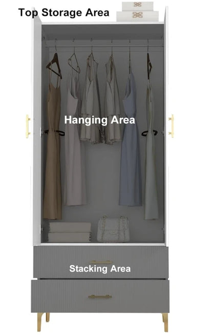 White Wardrobe Armoires with Hanging Rod Closet Storage & Metal Legs