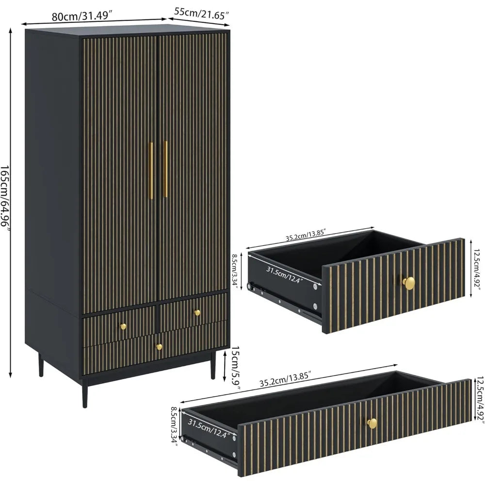 Wooden Wardrobe Armoire Closet with 2 Fluted Doors with Hanging Rod and Shelf Storage