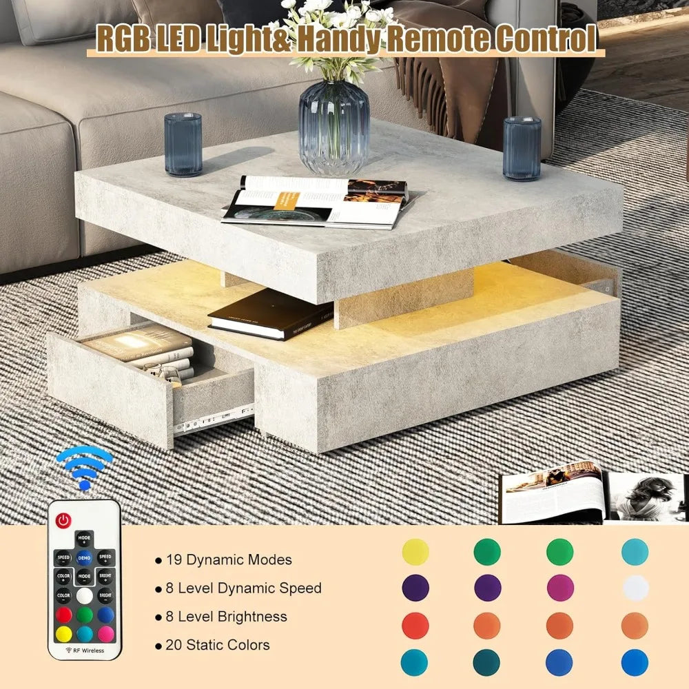 LED Coffee Table with 2 Storage Drawers