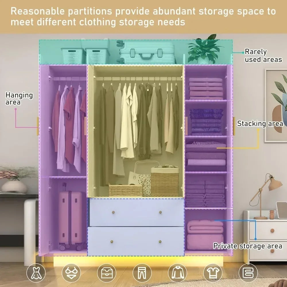 4 Door wooden Armoire LED Wardrobe Closet with Mirror