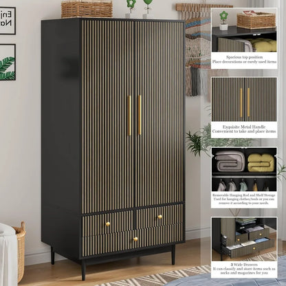 Wooden Wardrobe Armoire Closet with 2 Fluted Doors with Hanging Rod and Shelf Storage