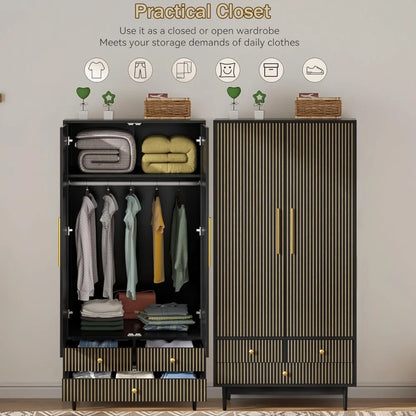 Wooden Wardrobe Armoire Closet with 2 Fluted Doors with Hanging Rod and Shelf Storage