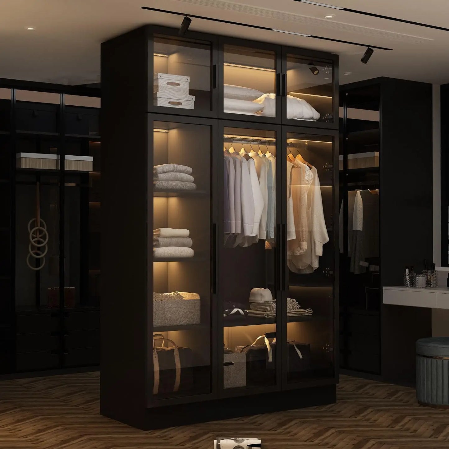 Glass Wardrobe Closet with Lights and Glass Doors