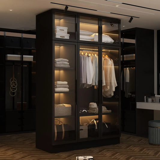 Glass Wardrobe Closet with Lights and Glass Doors