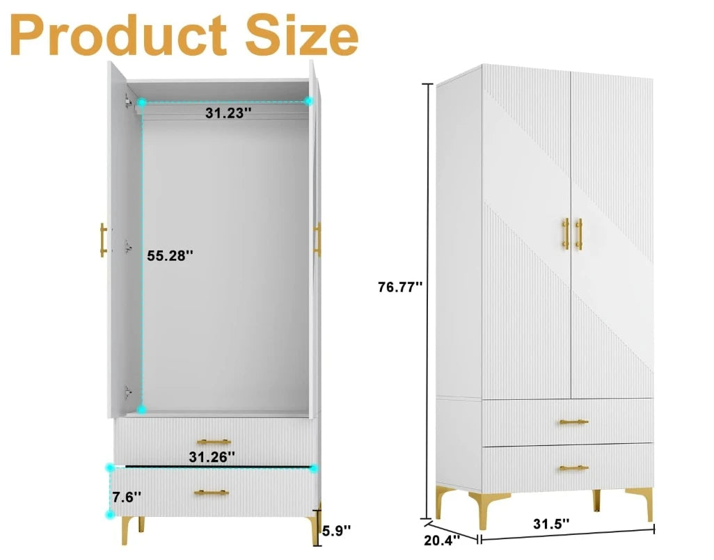 White Wardrobe Armoires with Hanging Rod Closet Storage & Metal Legs