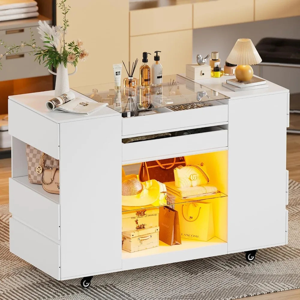 Bedroom Island Storage with Glass Tabletop and LED Lights