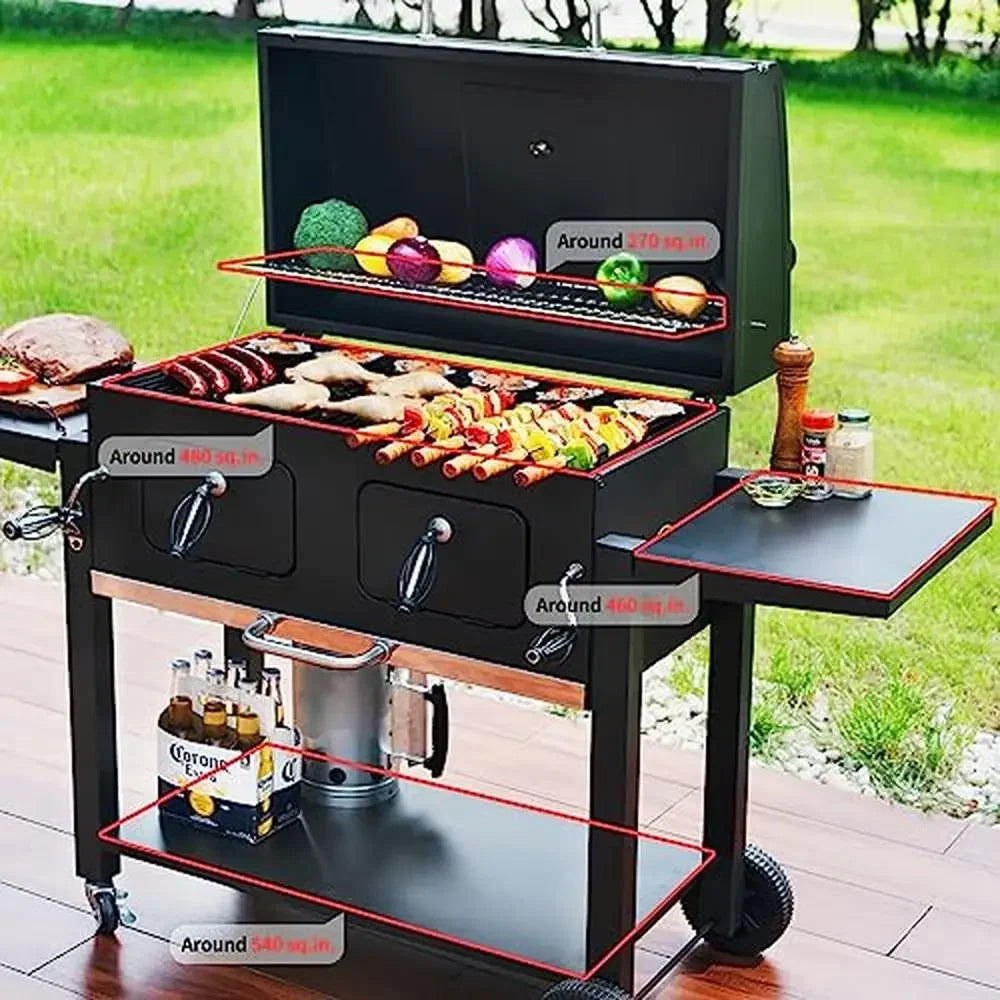 Large Charcoal Grill and Smoker with Adjustable Cooking Area