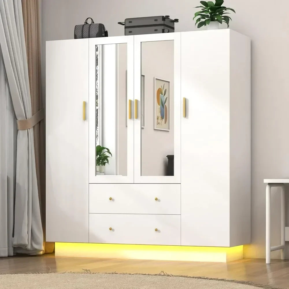 4 Door wooden Armoire LED Wardrobe Closet with Mirror