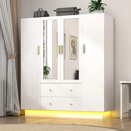 4 Door wooden Armoire LED Wardrobe Closet with Mirror
