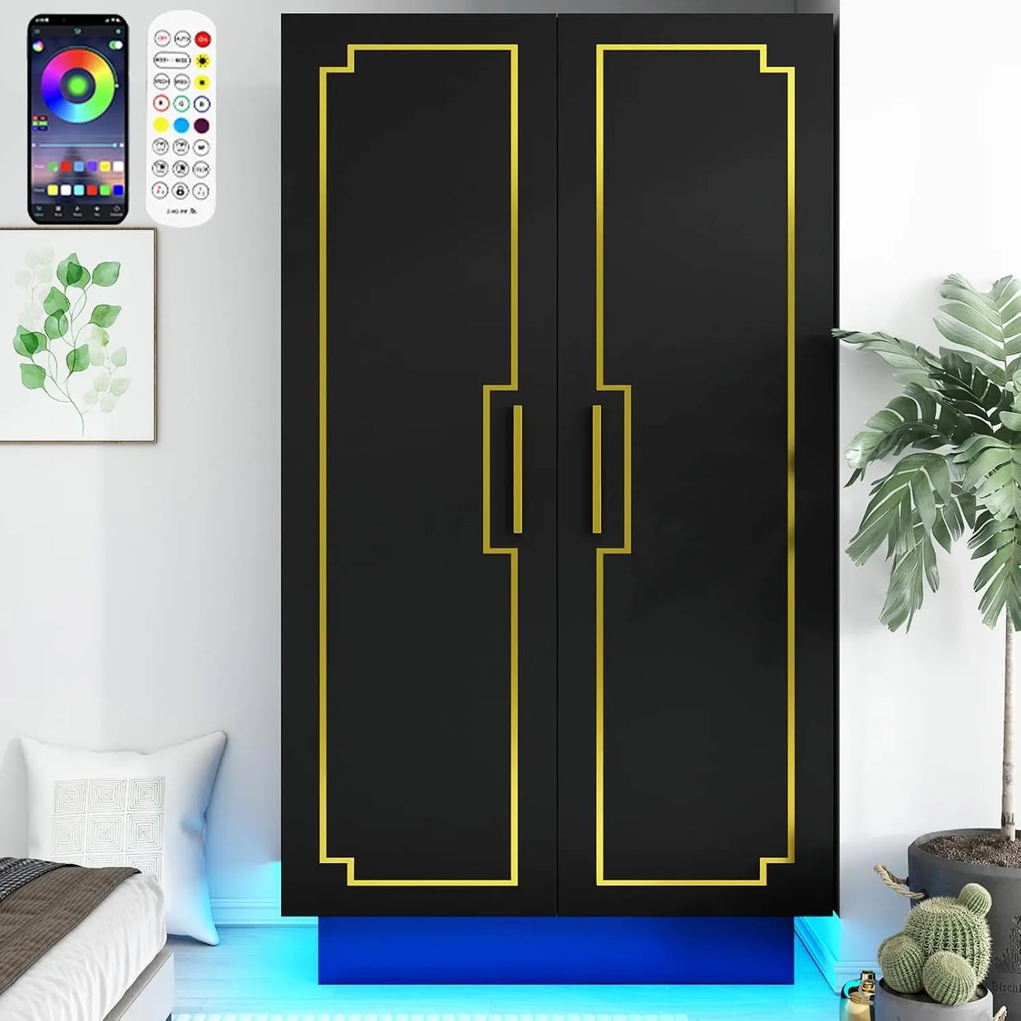 2 Door LED Armoires Wardrobe Closet and Clothes Organizer