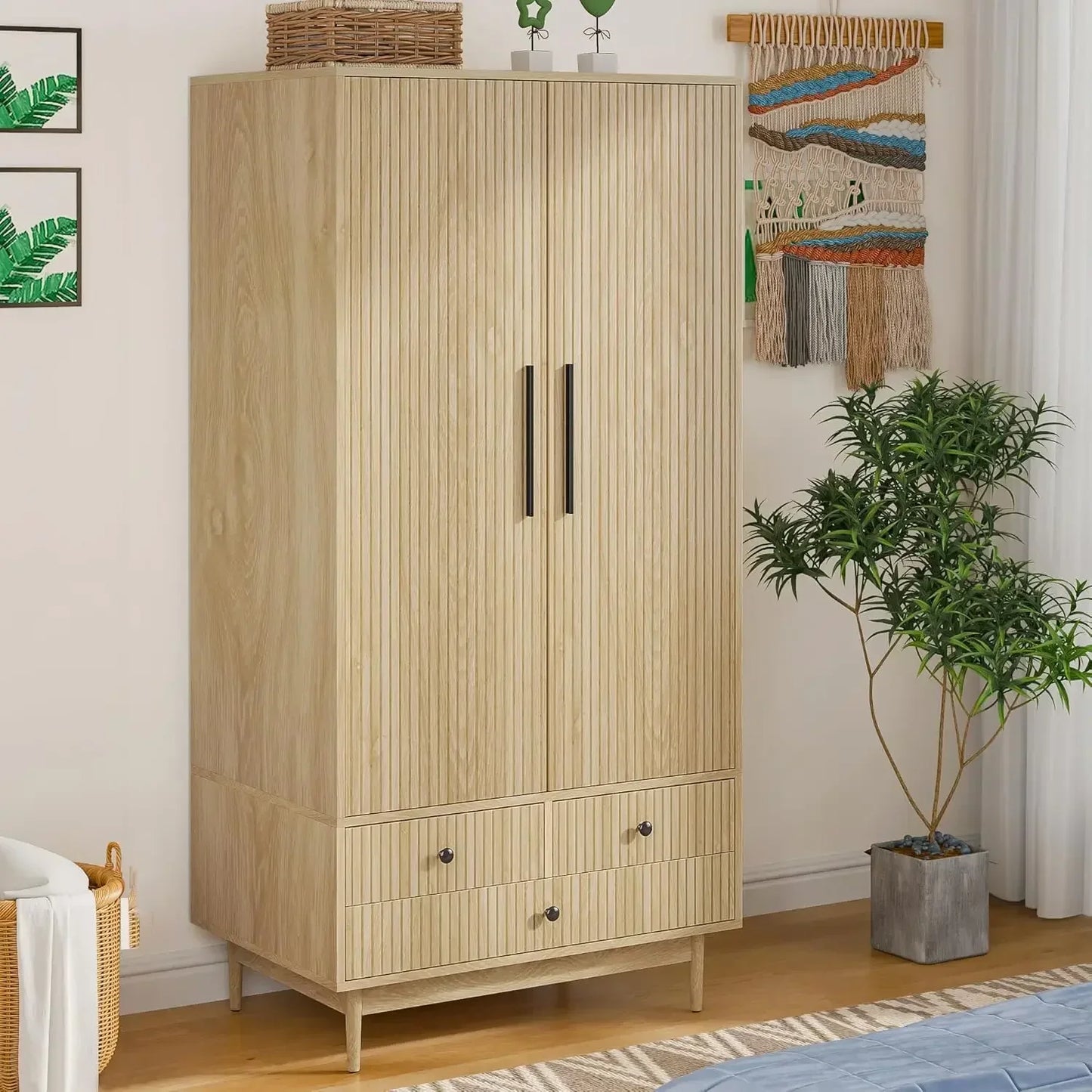 Wooden Wardrobe Armoire Closet with 2 Fluted Doors with Hanging Rod and Shelf Storage
