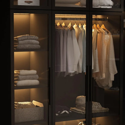 Glass Wardrobe Closet with Lights and Glass Doors