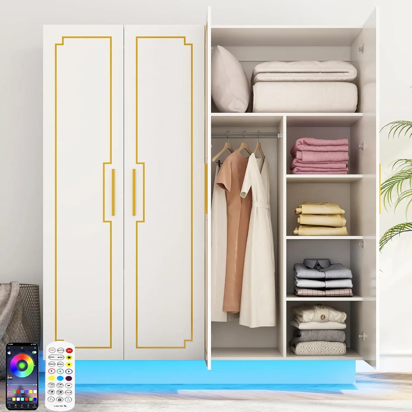 2 Door LED Armoires Wardrobe Closet and Clothes Organizer