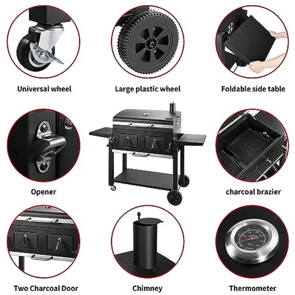 Large Charcoal Grill and Smoker with Adjustable Cooking Area