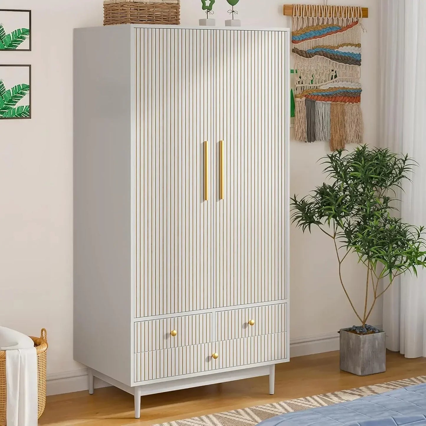 Wooden Wardrobe Armoire Closet with 2 Fluted Doors with Hanging Rod and Shelf Storage