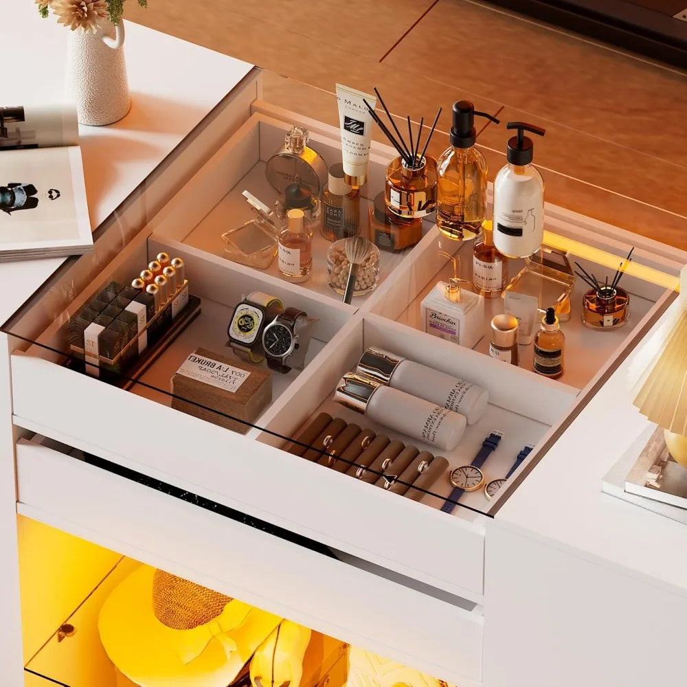 Bedroom Island Storage with Glass Tabletop and LED Lights