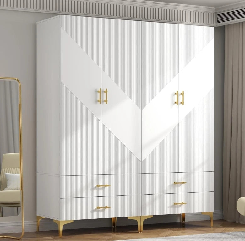 White Wardrobe Armoires with Hanging Rod Closet Storage & Metal Legs