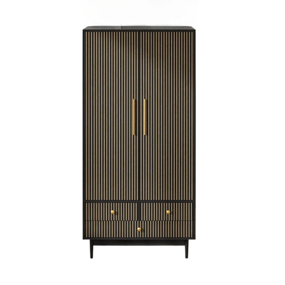 Wooden Wardrobe Armoire Closet with 2 Fluted Doors with Hanging Rod and Shelf Storage